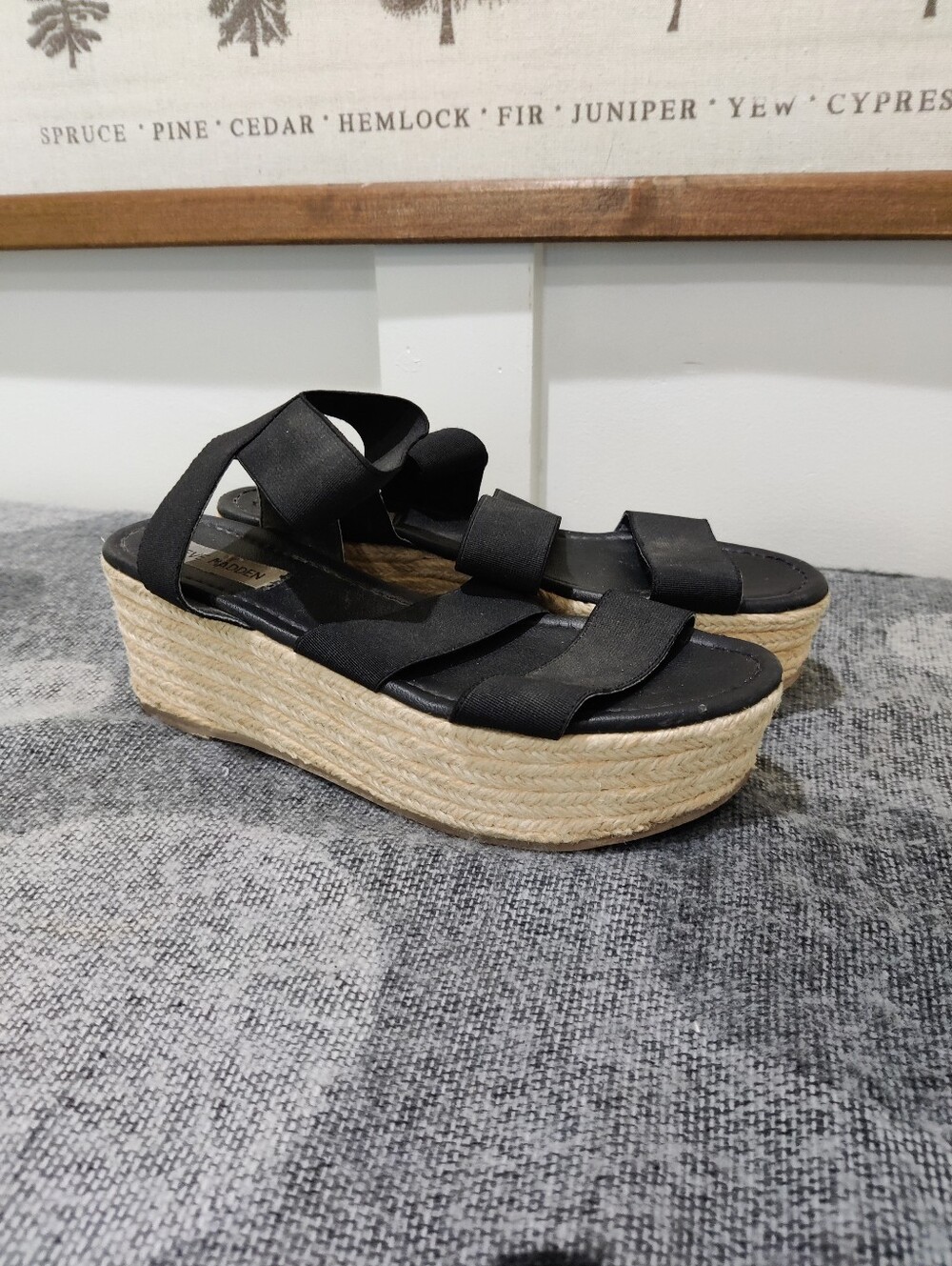 Steve Madden Bandi Black Elastic Strap Espadrille Flatform Wedge Platform Sandal